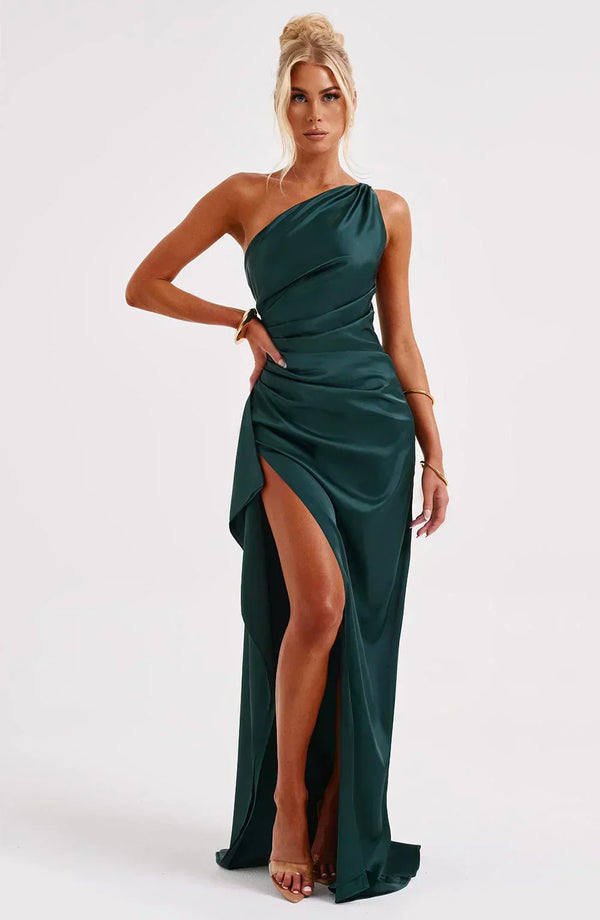 Women’s Satin One Shoulder High Slit Maxi Dress