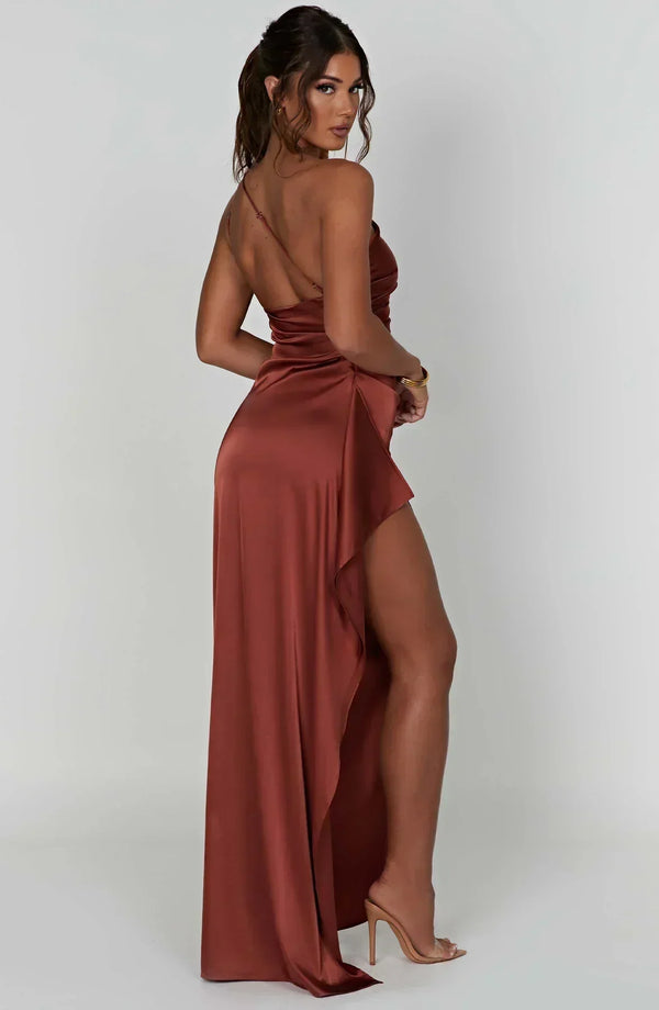 Women’s Satin One Shoulder High Slit Maxi Dress