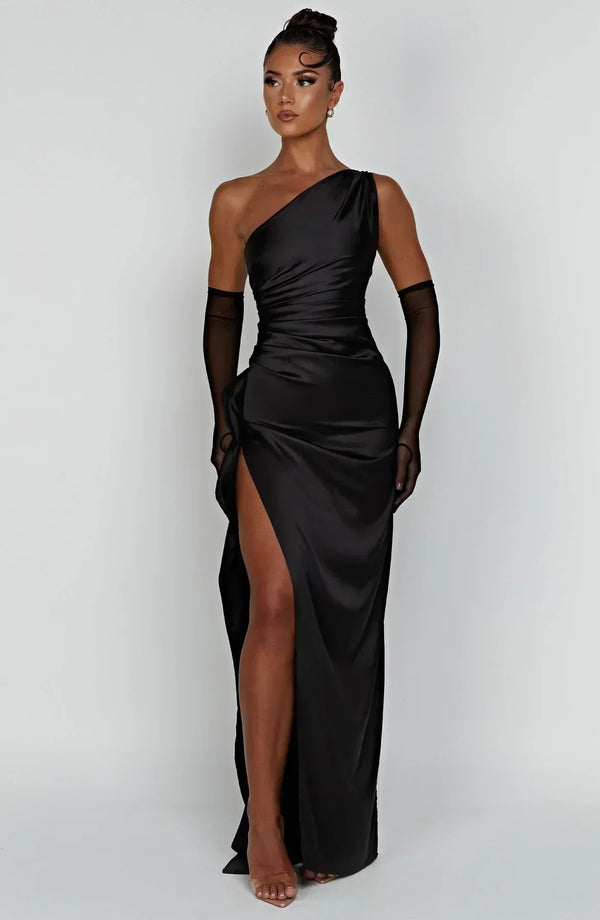 Women’s Satin One Shoulder High Slit Maxi Dress