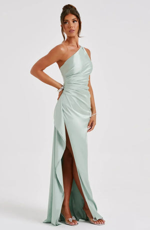 Women’s Satin One Shoulder High Slit Maxi Dress