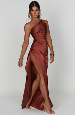 Women’s Satin One Shoulder High Slit Maxi Dress