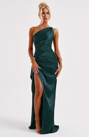 Women’s Satin One Shoulder High Slit Maxi Dress