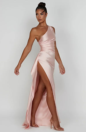 Women’s Satin One Shoulder High Slit Maxi Dress