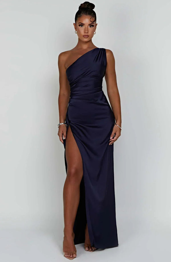 Women’s Satin One Shoulder High Slit Maxi Dress