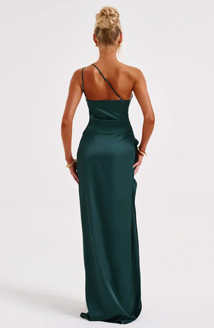 Women’s Satin One Shoulder High Slit Maxi Dress