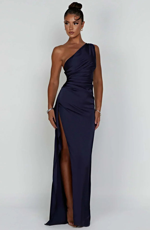 Women’s Satin One Shoulder High Slit Maxi Dress