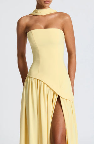 Elegant Bustier Corset Maxi Dress with Scarf Detail and High Slit