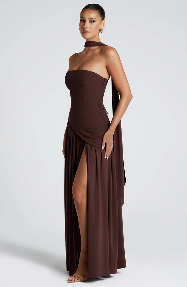 Women’s Strapless Draped High Slit Maxi Dress