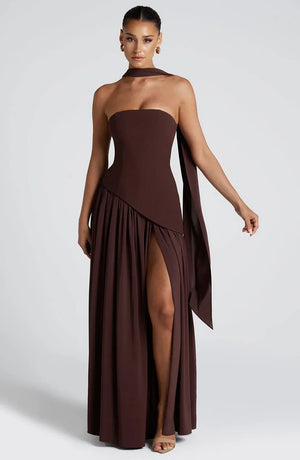 Women’s Strapless Draped High Slit Maxi Dress