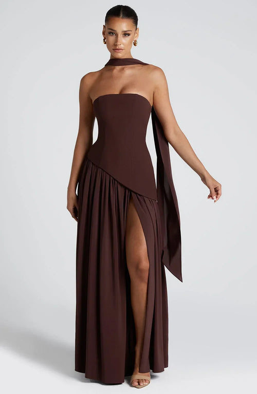 Women’s Strapless Draped High Slit Maxi Dress