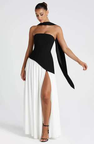 Elegant Bustier Corset Maxi Dress with Scarf Detail and High Slit