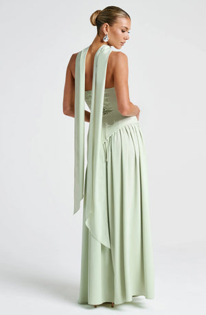 Elegant Bustier Corset Maxi Dress with Scarf Detail and High Slit
