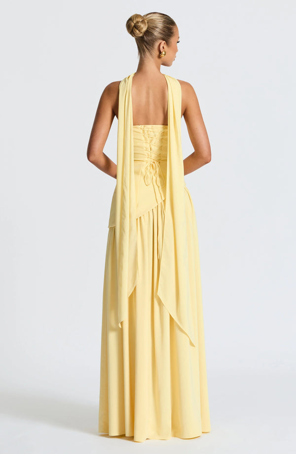Elegant Bustier Corset Maxi Dress with Scarf Detail and High Slit
