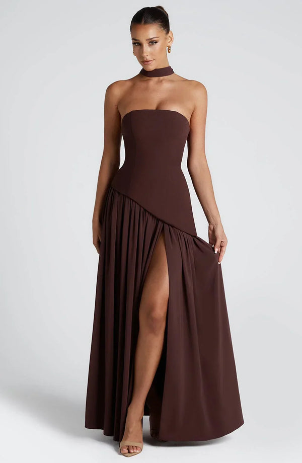 Women’s Strapless Draped High Slit Maxi Dress