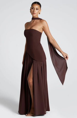 Women’s Strapless Draped High Slit Maxi Dress