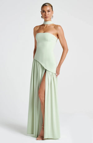 Elegant Bustier Corset Maxi Dress with Scarf Detail and High Slit