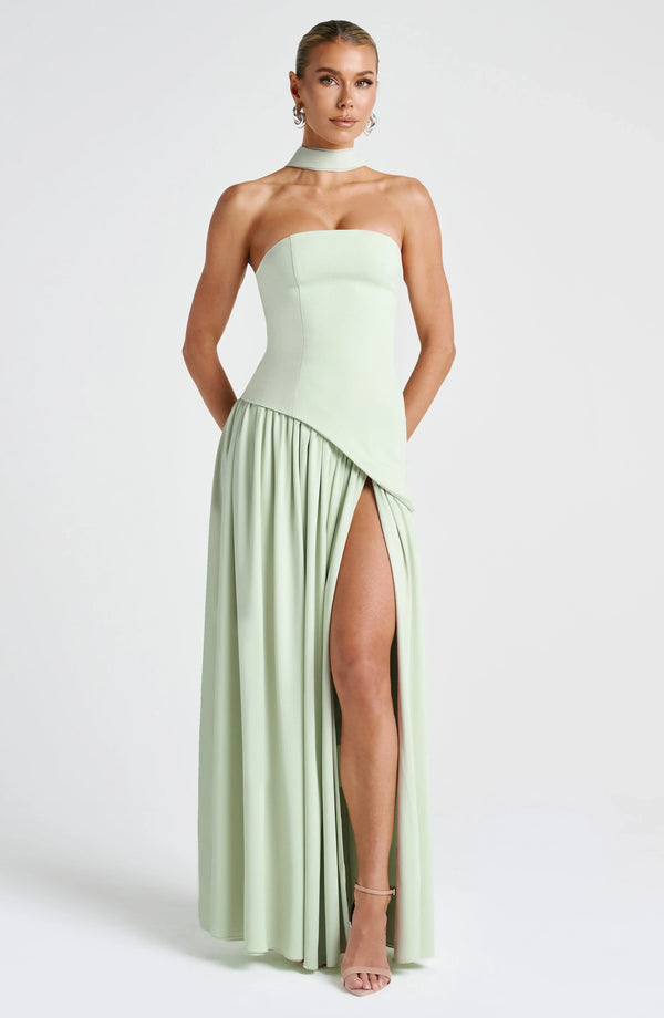 Women’s Strapless Draped High Slit Maxi Dress