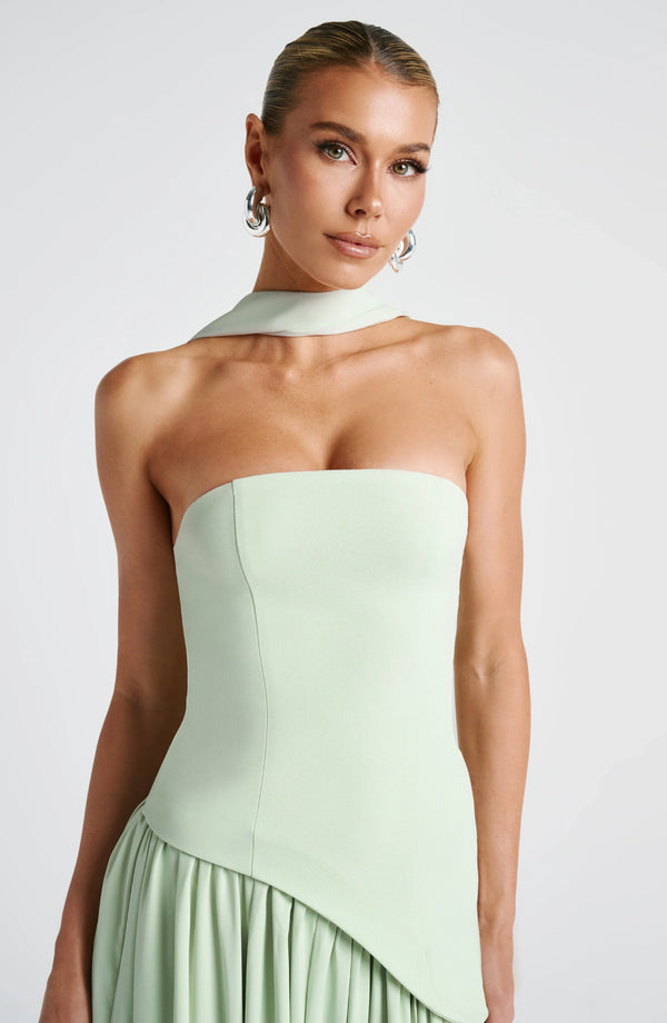 Elegant Bustier Corset Maxi Dress with Scarf Detail and High Slit