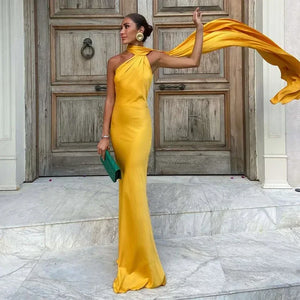 Women's One Shoulder Maxi Dress with Flowing Scarf