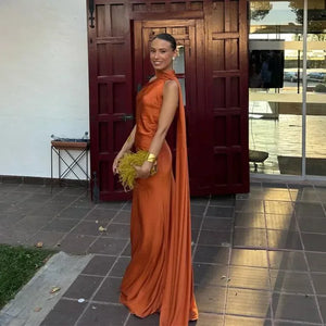 Women's One Shoulder Maxi Dress with Flowing Scarf