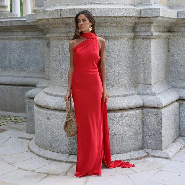 Women's One Shoulder Maxi Dress with Flowing Scarf