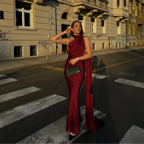 Women's One Shoulder Maxi Dress with Flowing Scarf