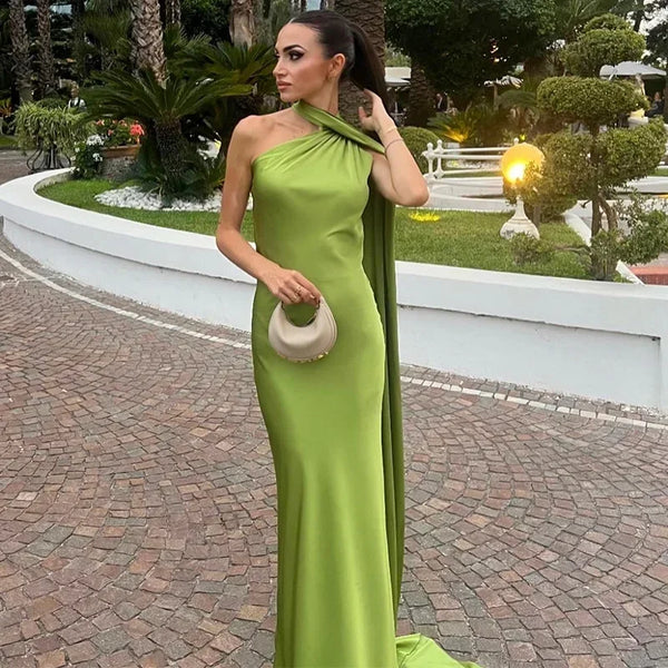Women's One Shoulder Maxi Dress with Flowing Scarf