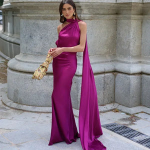 Women's One Shoulder Maxi Dress with Flowing Scarf
