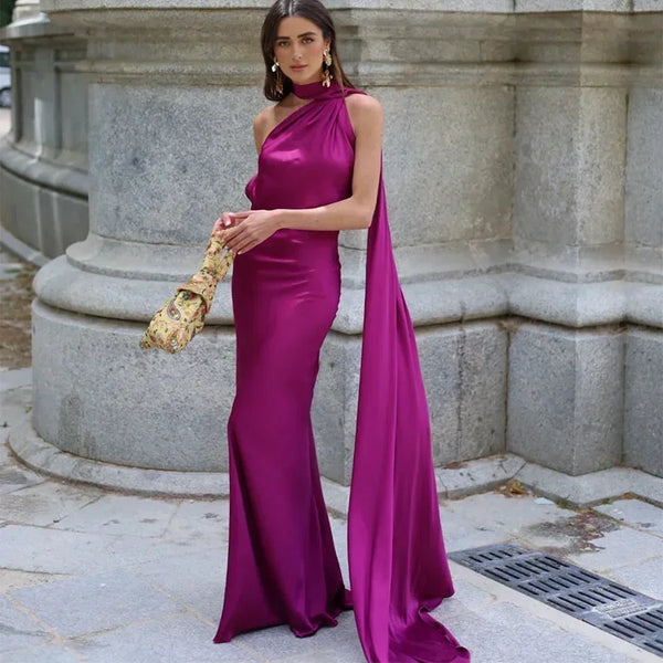Women's One Shoulder Maxi Dress with Flowing Scarf