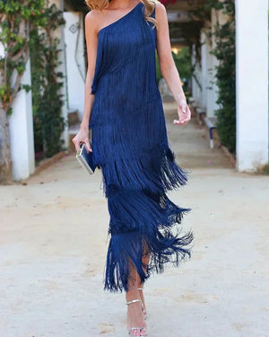 Women's Asymmetric Fringe Maxi Dress