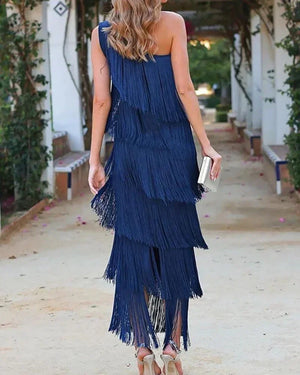 Women's Asymmetric Fringe Maxi Dress