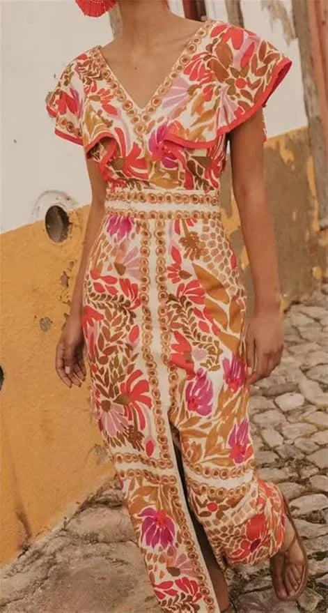 Women's Bohemian Printed V-Neck Maxi Dress
