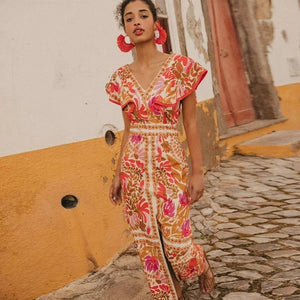 Women's Bohemian Printed V-Neck Maxi Dress
