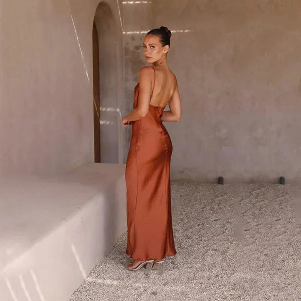 Women's Satin Maxi Dress with Sweetheart Neckline