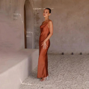 Women's Satin Maxi Dress with Sweetheart Neckline