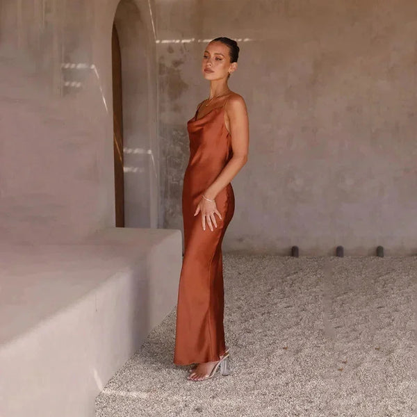 Women's Satin Maxi Dress with Sweetheart Neckline