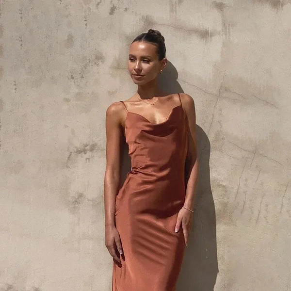 Women's Satin Maxi Dress with Sweetheart Neckline