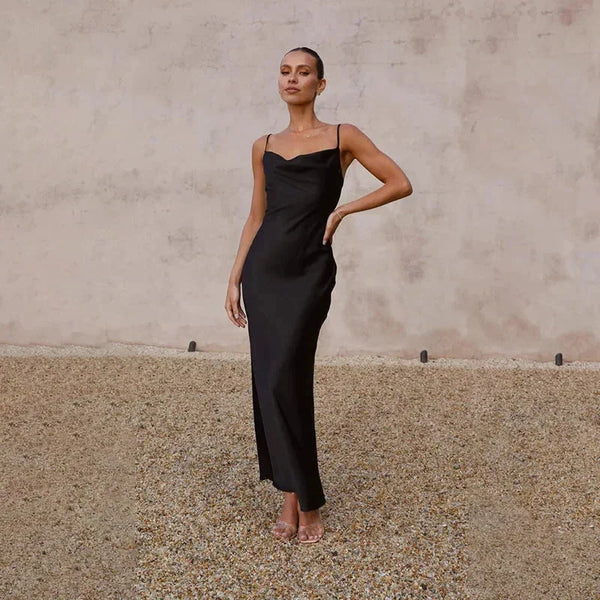 Women's Satin Maxi Dress with Sweetheart Neckline