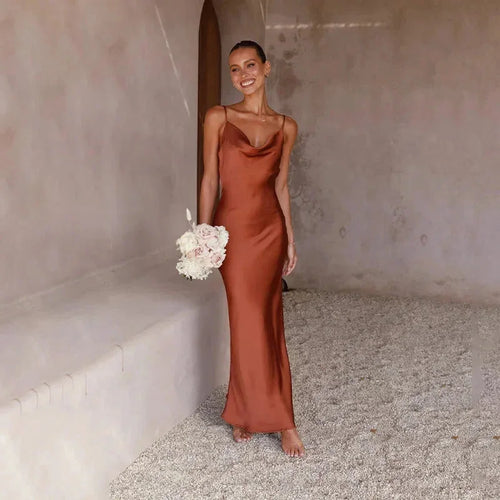 Women's Satin Maxi Dress with Sweetheart Neckline
