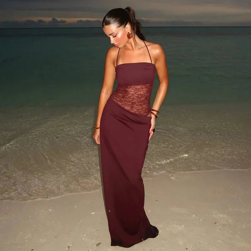 Elegant Lace Panel Strapless Maxi Evening Dress for Women