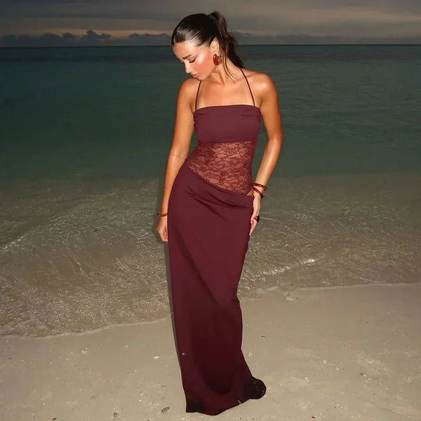 Elegant Lace Panel Strapless Maxi Evening Dress for Women