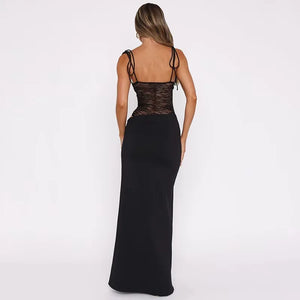 Elegant Lace Panel Strapless Maxi Evening Dress for Women