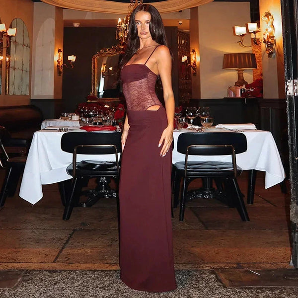 Elegant Lace Panel Strapless Maxi Evening Dress for Women