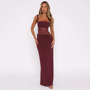 Elegant Lace Panel Strapless Maxi Evening Dress for Women
