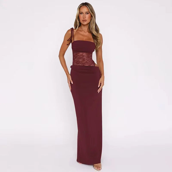 Elegant Lace Panel Strapless Maxi Evening Dress for Women