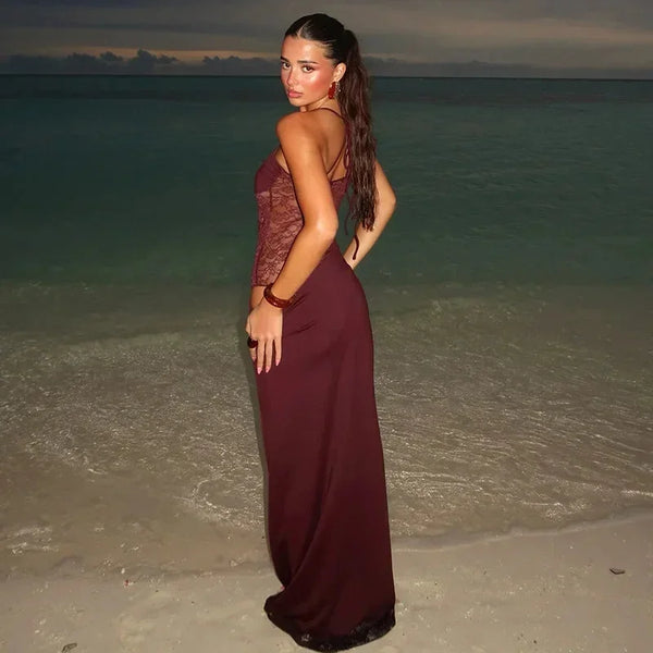 Elegant Lace Panel Strapless Maxi Evening Dress for Women