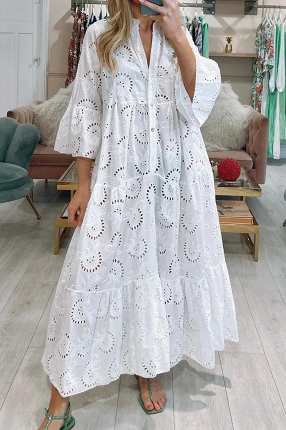 Women’s Embroidered Loose Fit Maxi Dress with Pockets