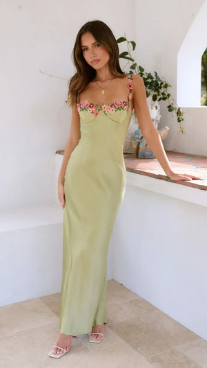 Women's Floral Maxi Dress with Embroidered Bodice