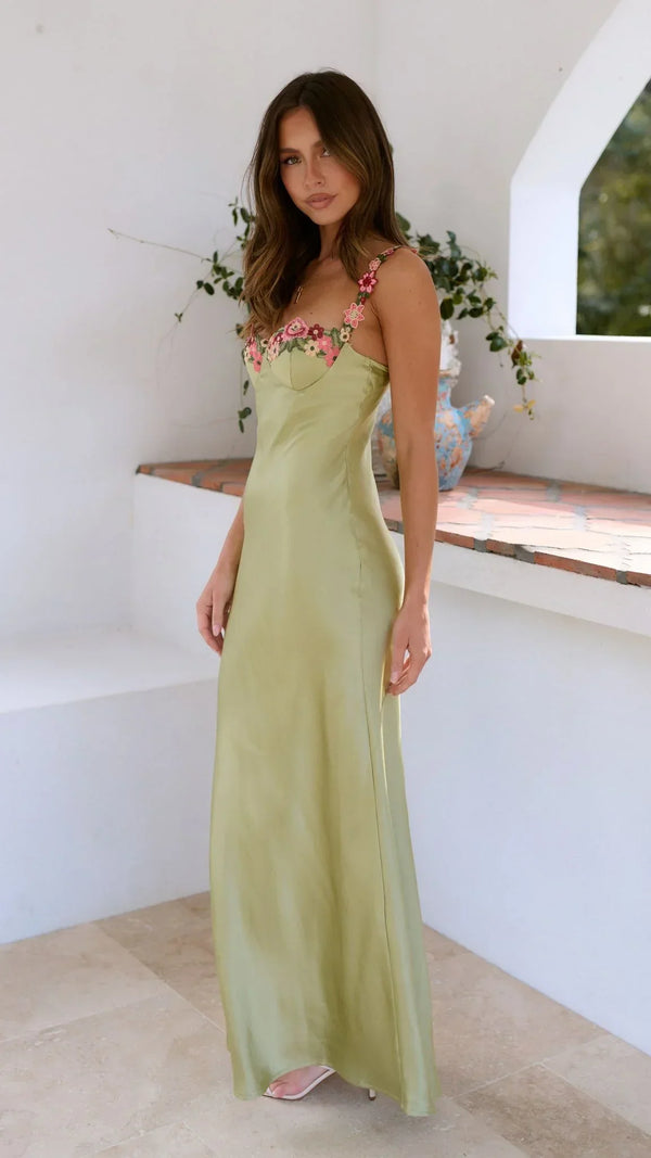 Women's Floral Maxi Dress with Embroidered Bodice