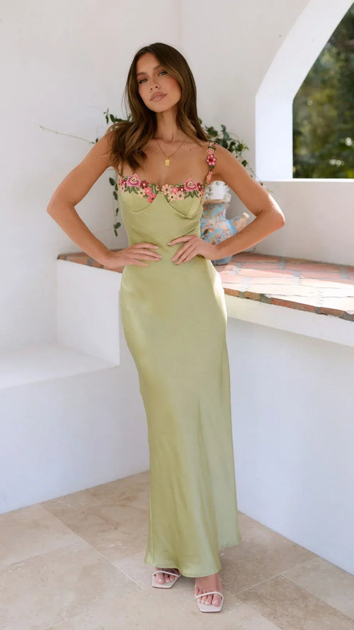 Women's Floral Maxi Dress with Embroidered Bodice